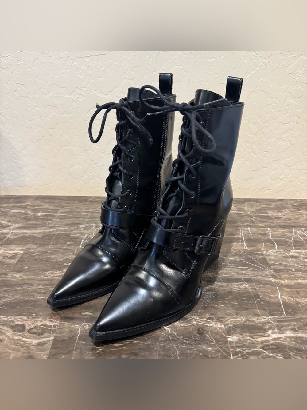 AllSaints Bianca Point Toe Patent Leather Boots - Picture 3 of 13